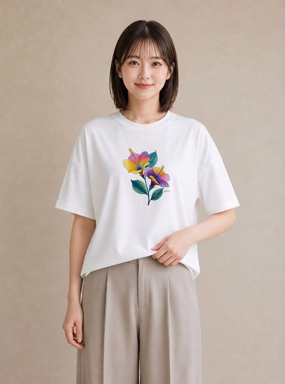 半袖Tシャツ レディース パンジー 花 花柄 イラスト お洒落 女性 旅行用 白T