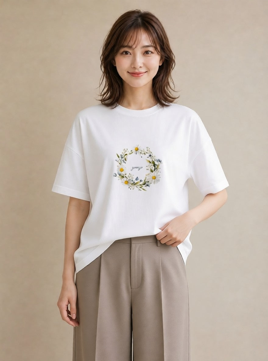 Tシャツ レディース デイジー 花 花柄 イラスト シンプル 春服 ミセス 白T YMAZO