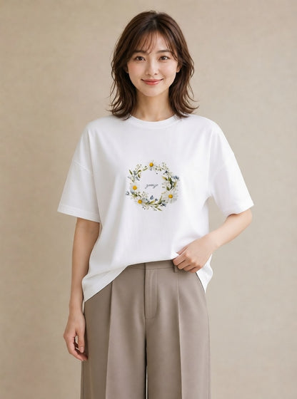 Tシャツ レディース デイジー 花 花柄 イラスト シンプル 春服 ミセス 白T YMAZO