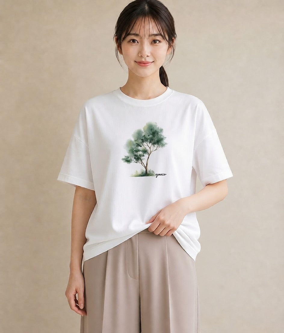 半袖Tシャツ レディース 苔 植物 ボタニカル イラスト 個性的 お出かけ 普段着 白T YMAZO