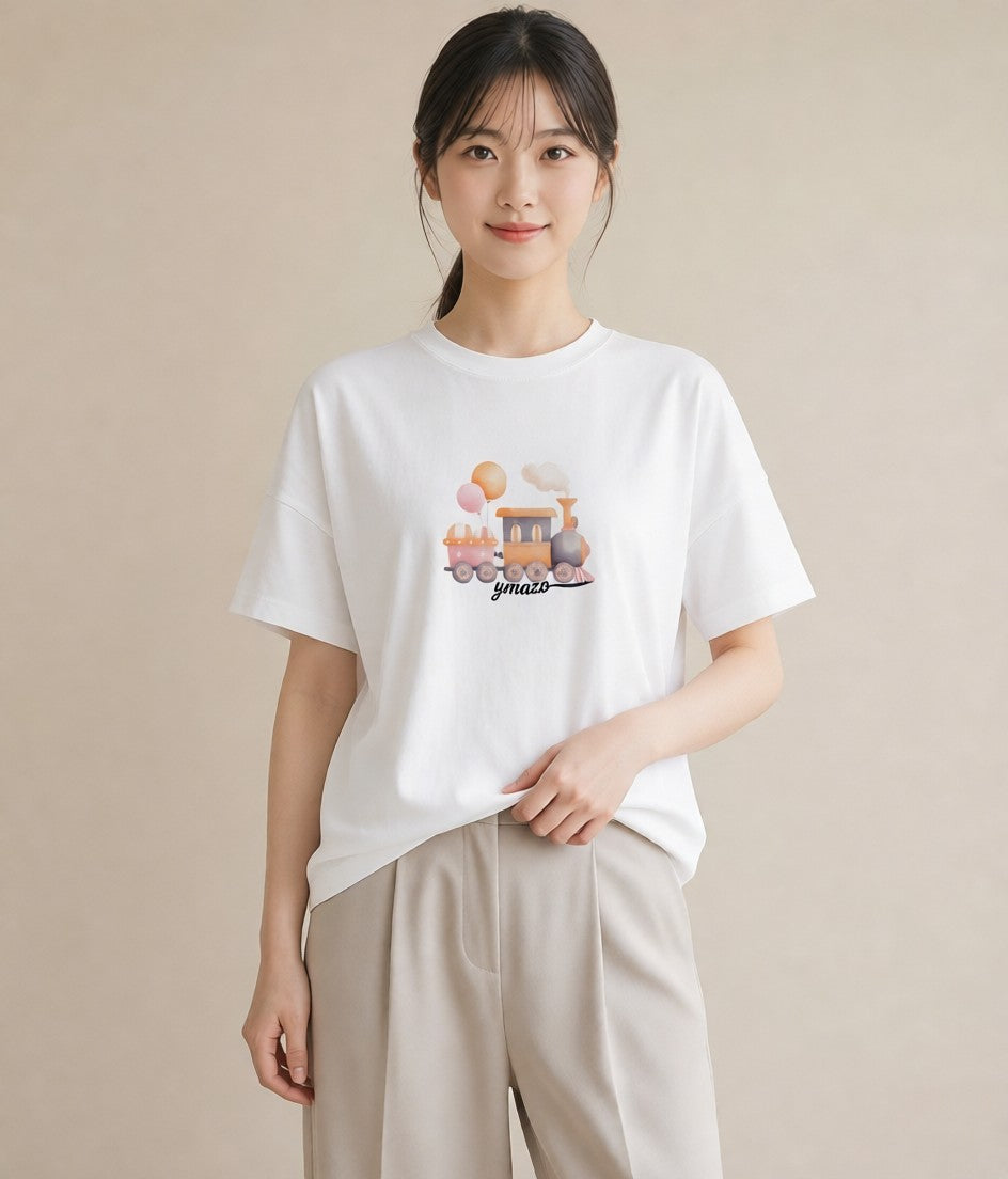 Tシャツ レディース 駅のホーム ローカル線 駅 ナチュラル アンティーク イラスト シック 旅行用 海 白T YMAZO