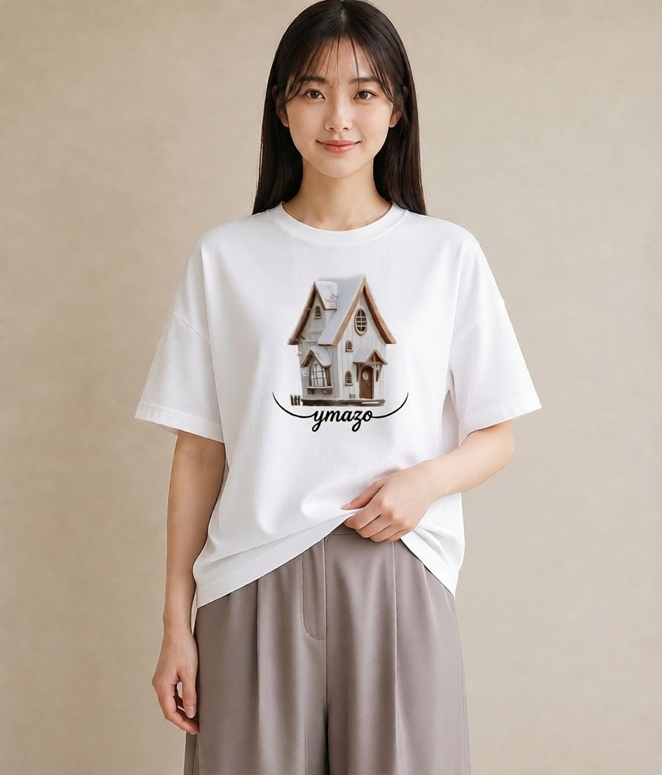 プリントTシャツ レディース 灯りの家 小屋 夜 ナチュラル アンティーク イラスト ガーリー ペアコーデ 秋コーデ 白T YMAZO
