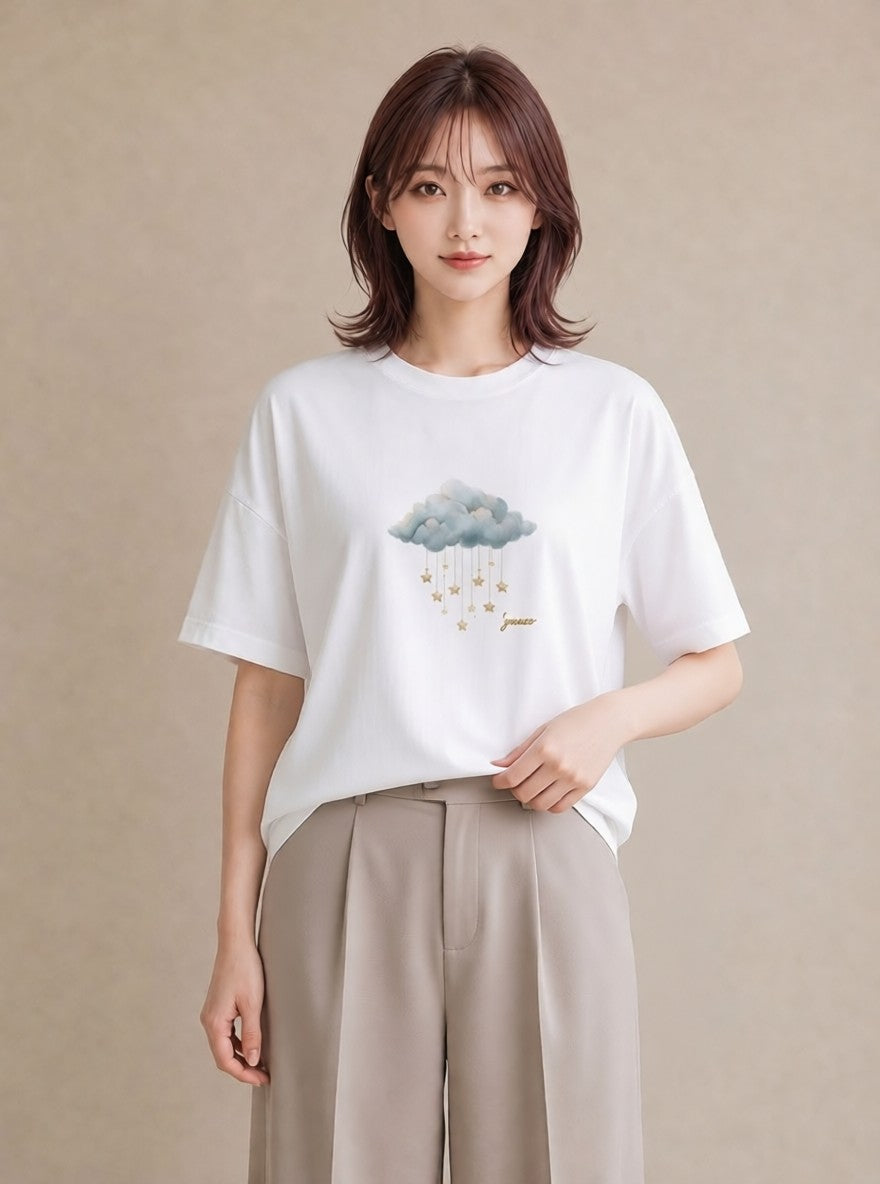 Tシャツ レディース 空 星空 宇宙 イラスト ゆるかわ ホワイトデー 春服 白T YMAZO