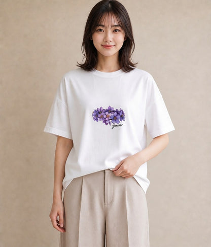 グラフィックTシャツ レディース スミレ 花 花柄 イラスト こなれ感 社会人 女性 白T YMAZO