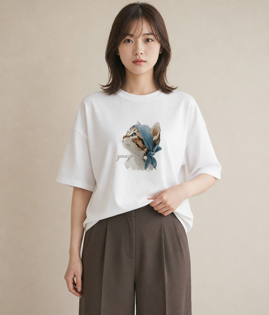 半袖Tシャツ レディース ねこ 猫 ネコ イラスト シンプル 敬老の日 ホワイトデー 白T YMAZO