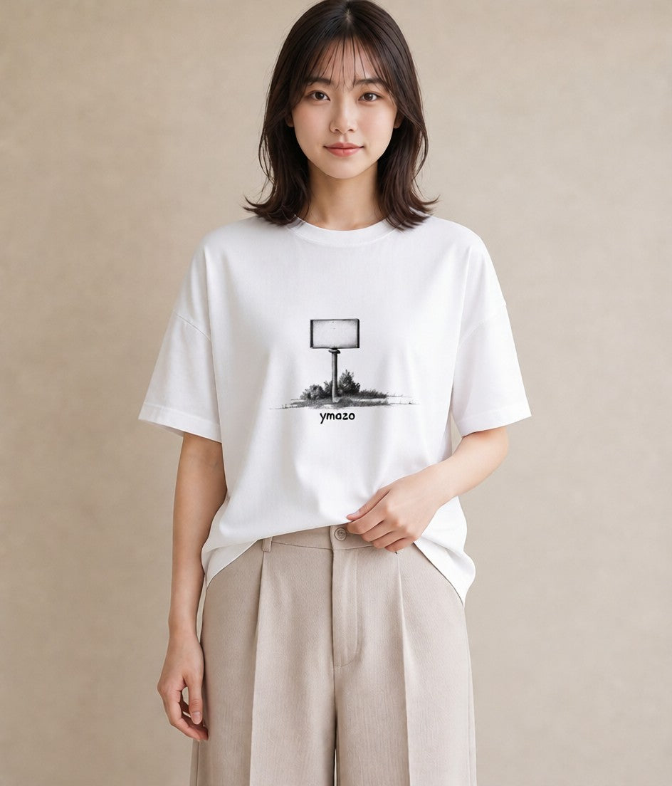 Tシャツ レディース 駅のホーム ローカル線 駅 ナチュラル アンティーク イラスト 北欧風 海 カフェ巡り 白T YMAZO