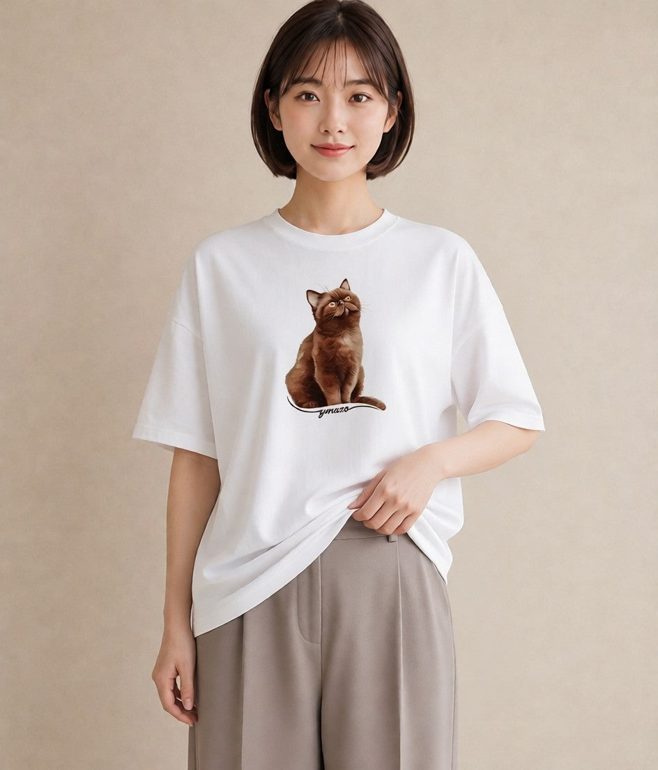 半袖Tシャツ レディース ロシアンブルー 猫 ねこ イラスト 線画 母娘コーデ 自分用 白T YMAZO