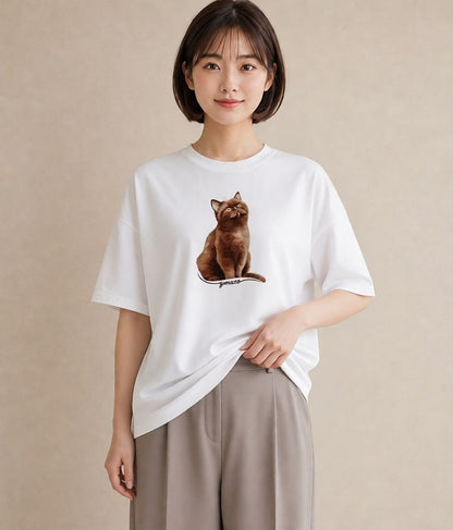 半袖Tシャツ レディース ロシアンブルー 猫 ねこ イラスト 線画 母娘コーデ 自分用 白T YMAZO