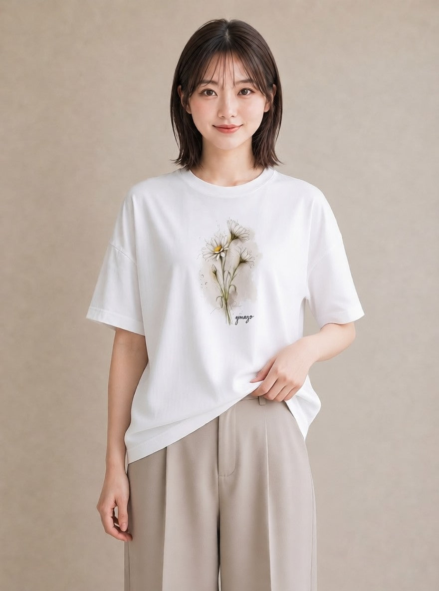 Tシャツ レディース デイジー 花 花柄 イラスト シック ルームウェア ギフト 白T