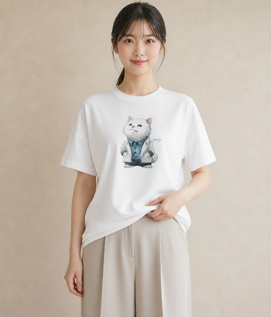 グラフィックTシャツ レディース サバトラ 猫 ねこ イラスト フェミニン デイリーウェア 休日 白T YMAZO