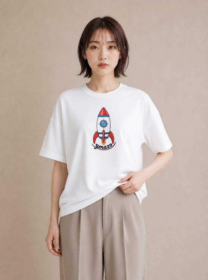 Tシャツ レディース ロケット 星空 宇宙 イラスト ヴィンテージ風 普段着 週末コーデ 白T YMAZO
