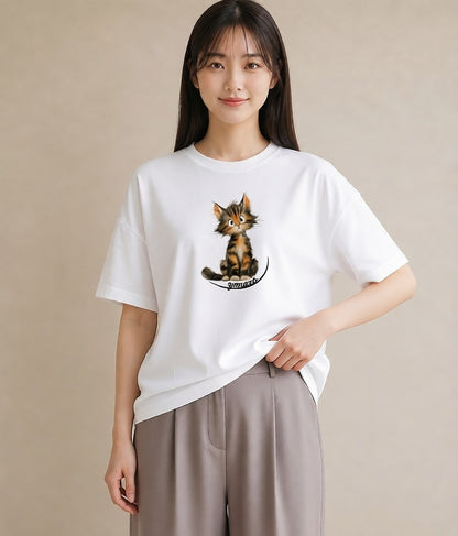 デザインTシャツ レディース サバトラ 猫 ねこ イラスト ラフ 海 カフェ巡り 白T YMAZO