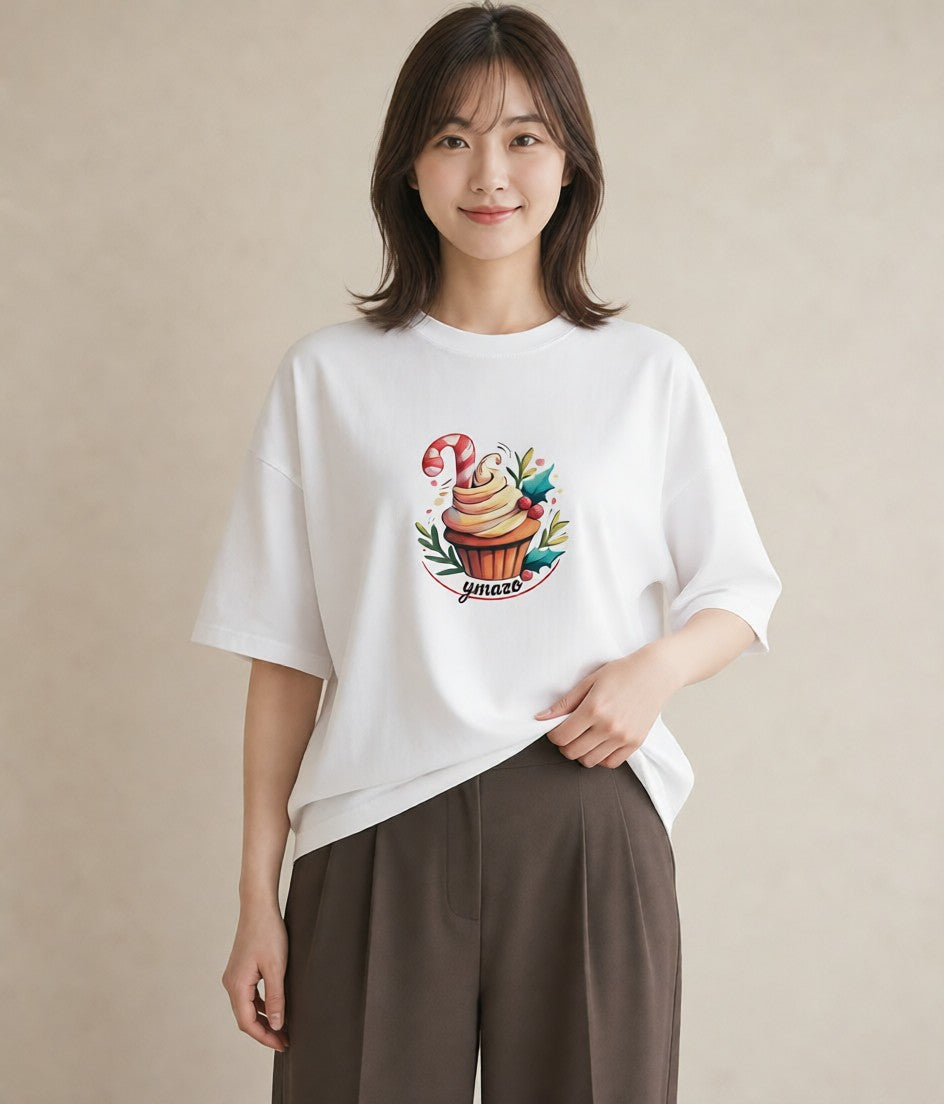 プリントTシャツ レディース マフィン 食べ物 フード イラスト 線画 ママ カフェ服 白T YMAZO