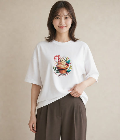 プリントTシャツ レディース マフィン 食べ物 フード イラスト 線画 ママ カフェ服 白T YMAZO