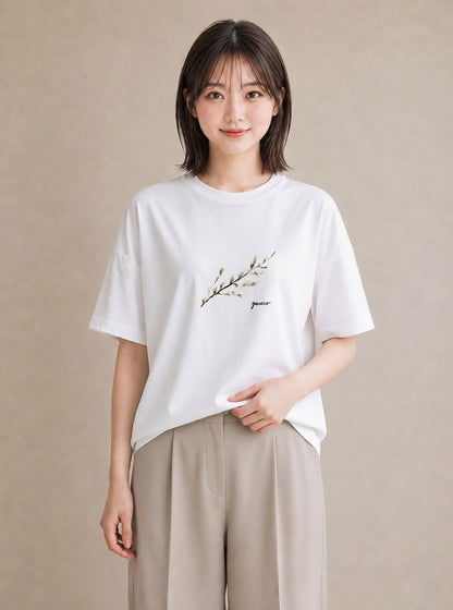 プリントTシャツ レディース ガラス瓶 小枝 ボタニカル ナチュラル アンティーク イラスト ゆるかわ レイヤード 友達ギフト 白T YMAZO