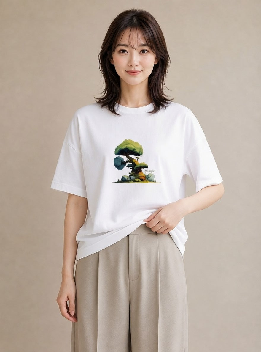 プリントTシャツ レディース 盆栽 植物 ボタニカル イラスト ゆるかわ カジュアルコーデ 買い物 白T YMAZO