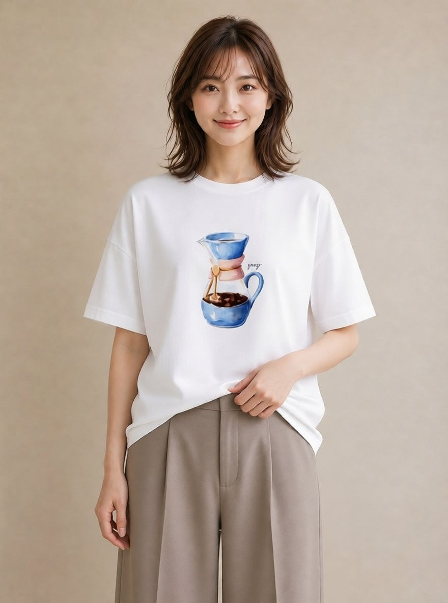 デザインTシャツ レディース コーヒー 珈琲 カフェ 食べ物 フード イラスト ポップ ビーチ デイリーウェア 白T YMAZO