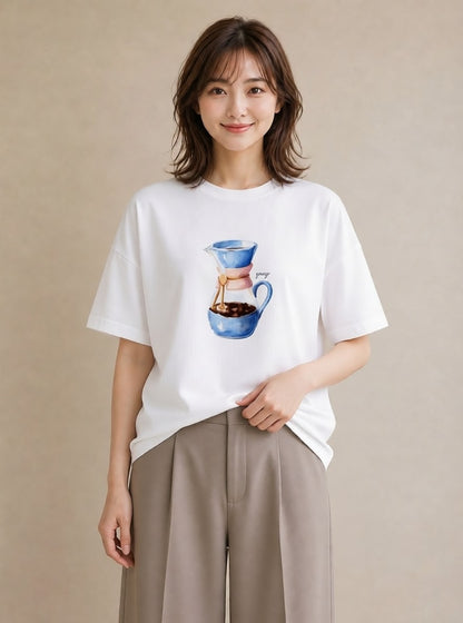 デザインTシャツ レディース コーヒー 珈琲 カフェ 食べ物 フード イラスト ポップ ビーチ デイリーウェア 白T YMAZO