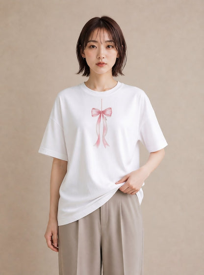 デザインTシャツ レディース リボン 蝶結び ナチュラル アンティーク イラスト ニュアンス ママ カフェ服 白T YMAZO