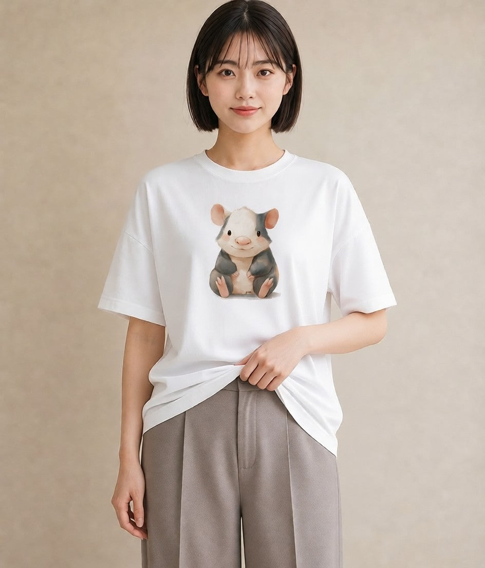 半袖Tシャツ レディース ゴールデンハムスター ペット 動物 イラスト レトロ ルームウェア ギフト 白T YMAZO