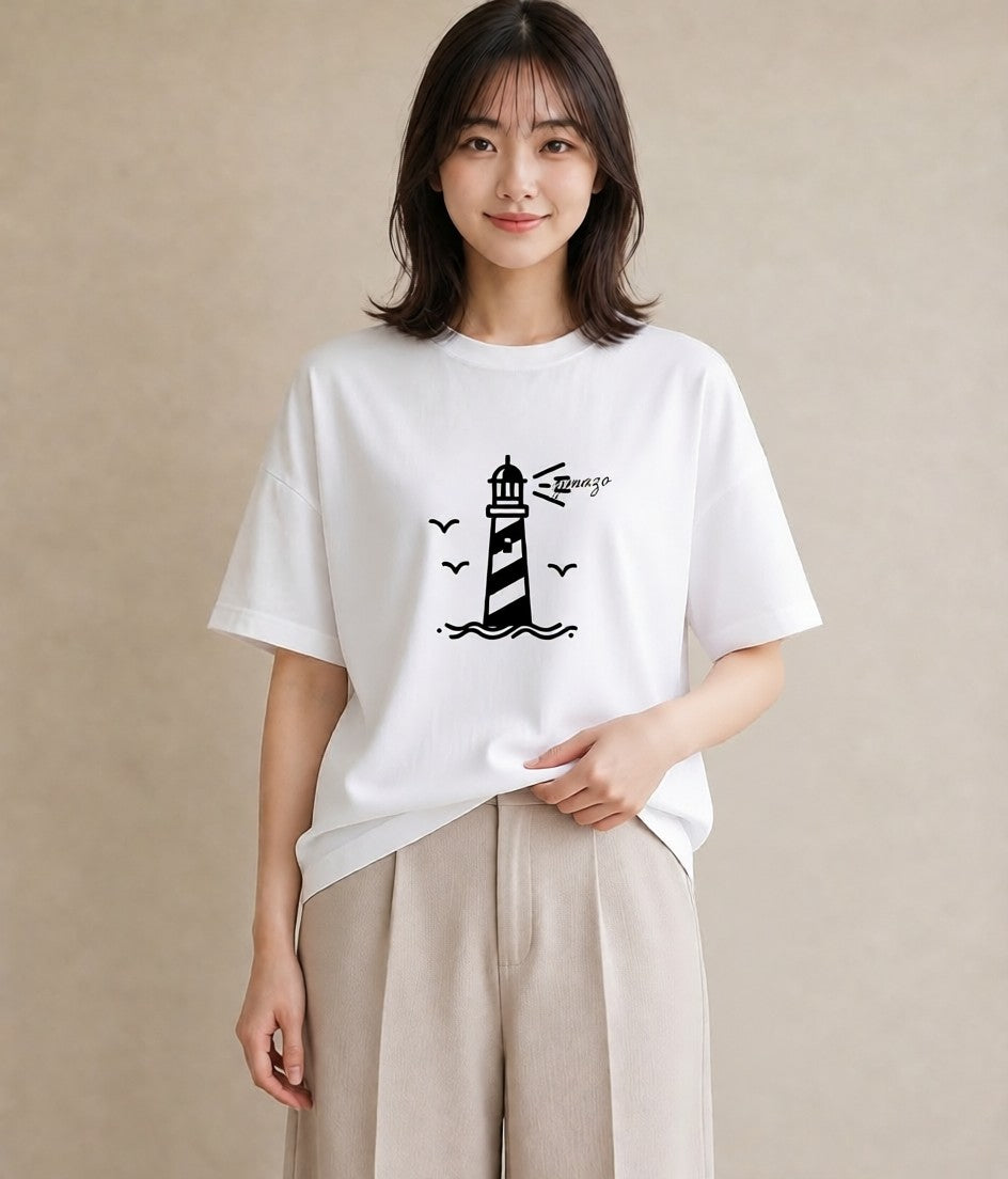グラフィックTシャツ レディース 灯台 霧 海 ナチュラル アンティーク イラスト レイヤード 友達ギフト 白T YMAZO