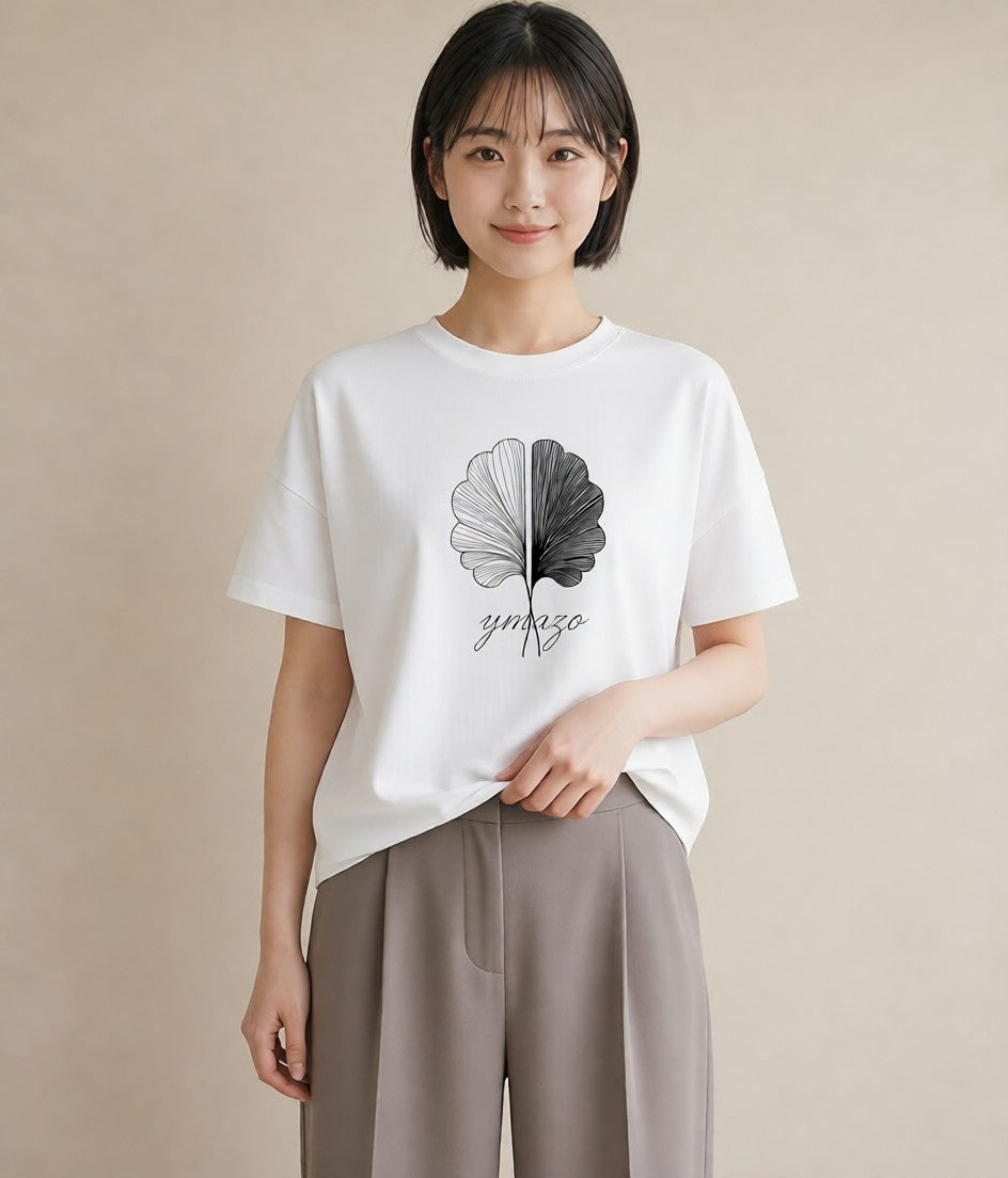 プリントTシャツ レディース 扇子 そよ風 ナチュラル アンティーク イラスト ユニーク デート 帰省 白T YMAZO