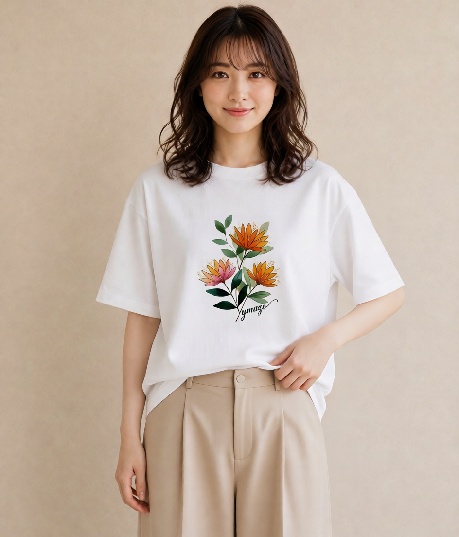 グラフィックTシャツ レディース ミモザ 花 花柄 イラスト シンプル ルームウェア ギフト 白T YMAZO