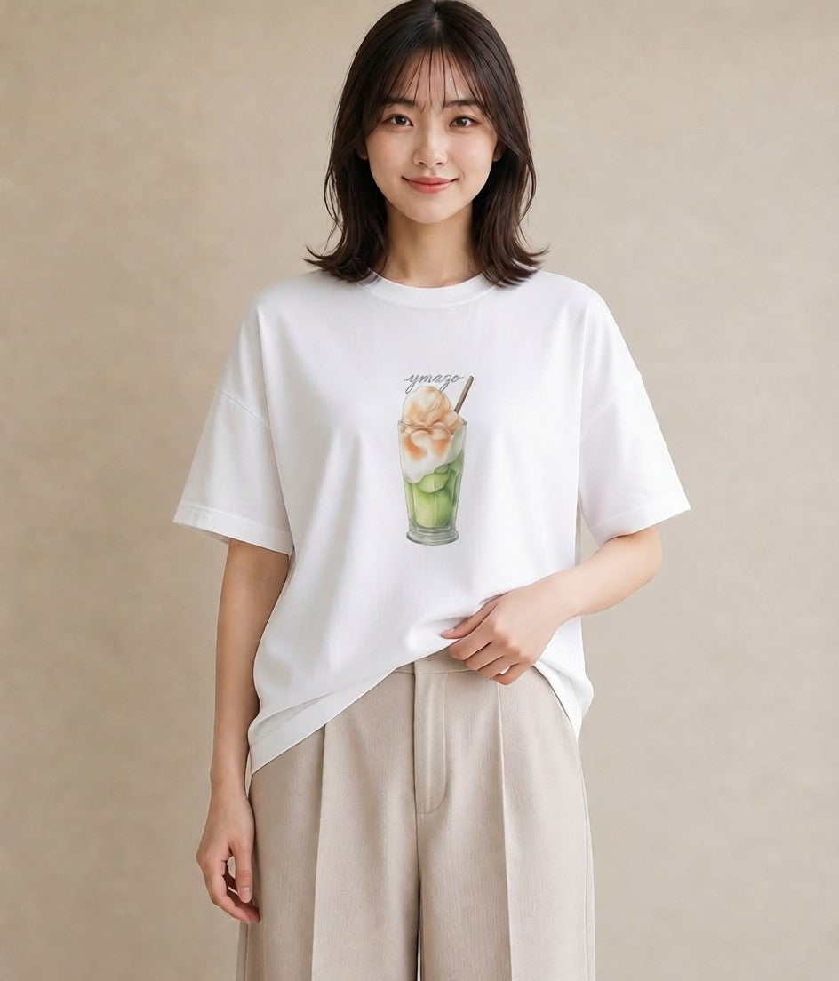 デザインTシャツ レディース カフェラテ 食べ物 フード イラスト 個性的 通学 誕生日プレゼント 白T YMAZO