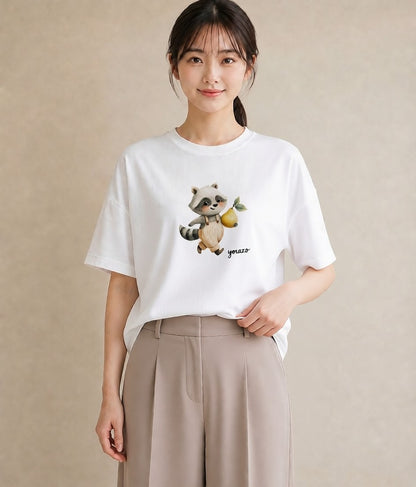 プリントTシャツ レディース たぬき 動物 アニマル イラスト 抜け感 デート 帰省 白T YMAZO