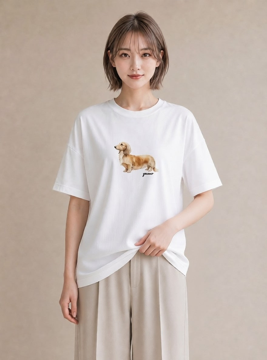 Tシャツ レディース ミニチュアダックスフンド 犬 いぬ イラスト シンプル 休日 ペアコーデ 白T YMAZO