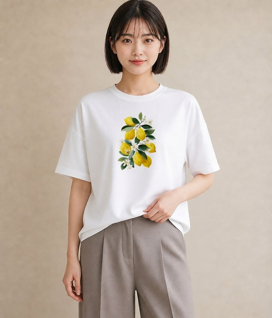 プリントTシャツ レディース レモン 檸檬 食べ物 フード イラスト 手描き風 カフェ巡り 女子会 白T YMAZO