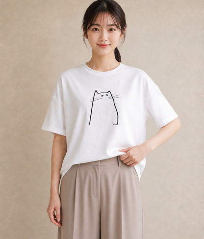 プリントTシャツ レディース 猫 ねこ ネコ イラスト きれいめ 敬老の日 ホワイトデー 白T YMAZO