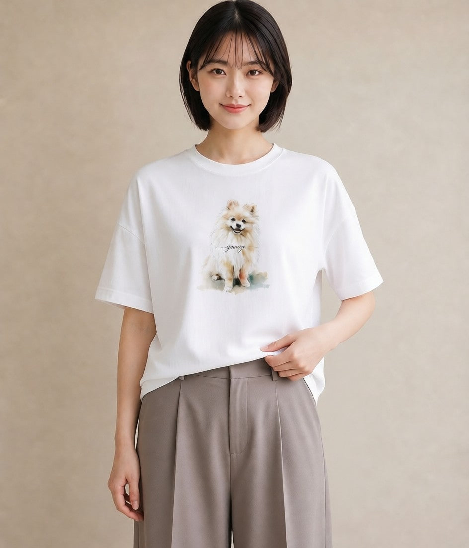 プリントTシャツ レディース ポメラニアン ポメ 犬 いぬ イラスト きれいめカジュアル 自分用 ルームウェア 白T YMAZO