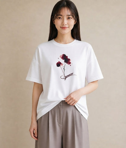 グラフィックTシャツ レディース ポスト 野の花 レトロ ナチュラル アンティーク イラスト 淡色 ルームウェア ギフト 白T YMAZO