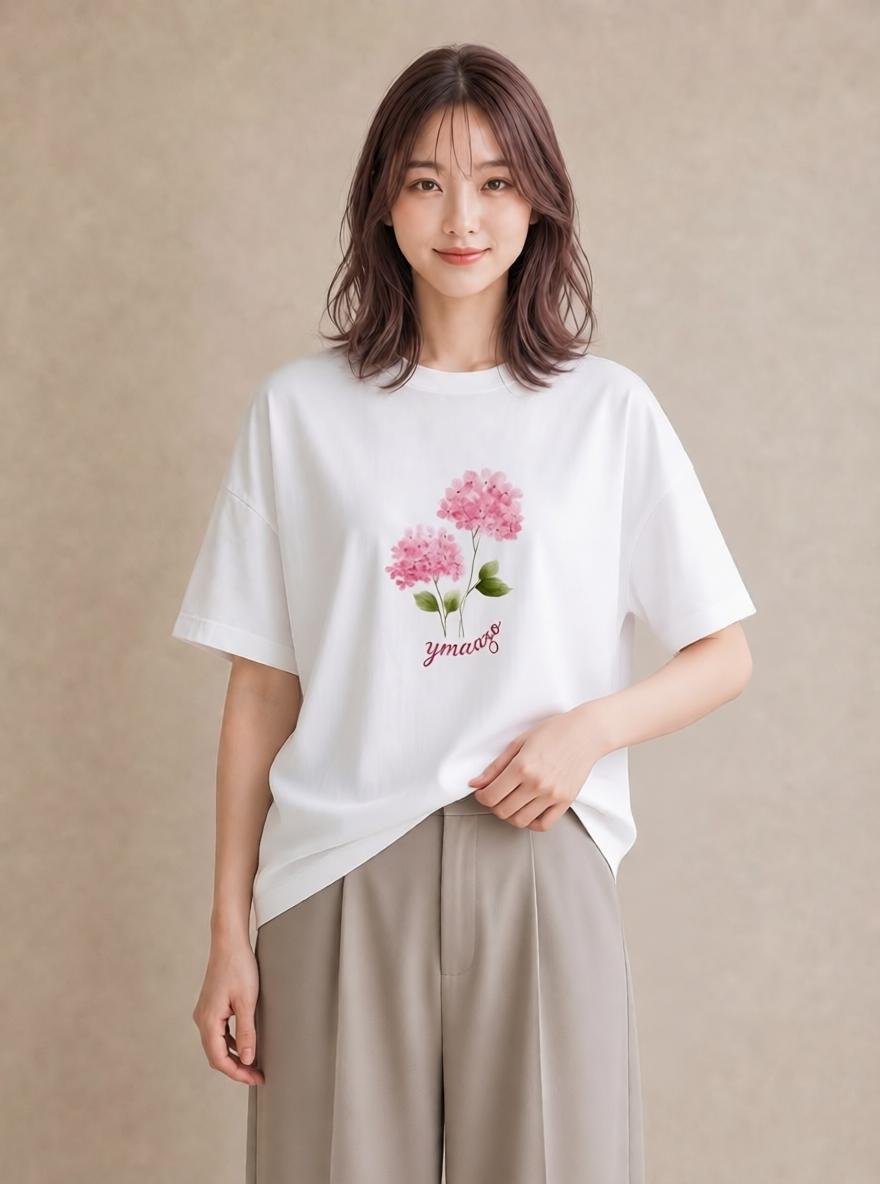 半袖Tシャツ レディース あじさい 紫陽花 アジサイ 花 花柄 イラスト 線画 休日 ペアコーデ 白T YMAZO