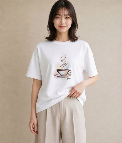 半袖Tシャツ レディース コーヒー カフェ 珈琲 イラスト ボタニカル 帰省 ラフ 白T YMAZO