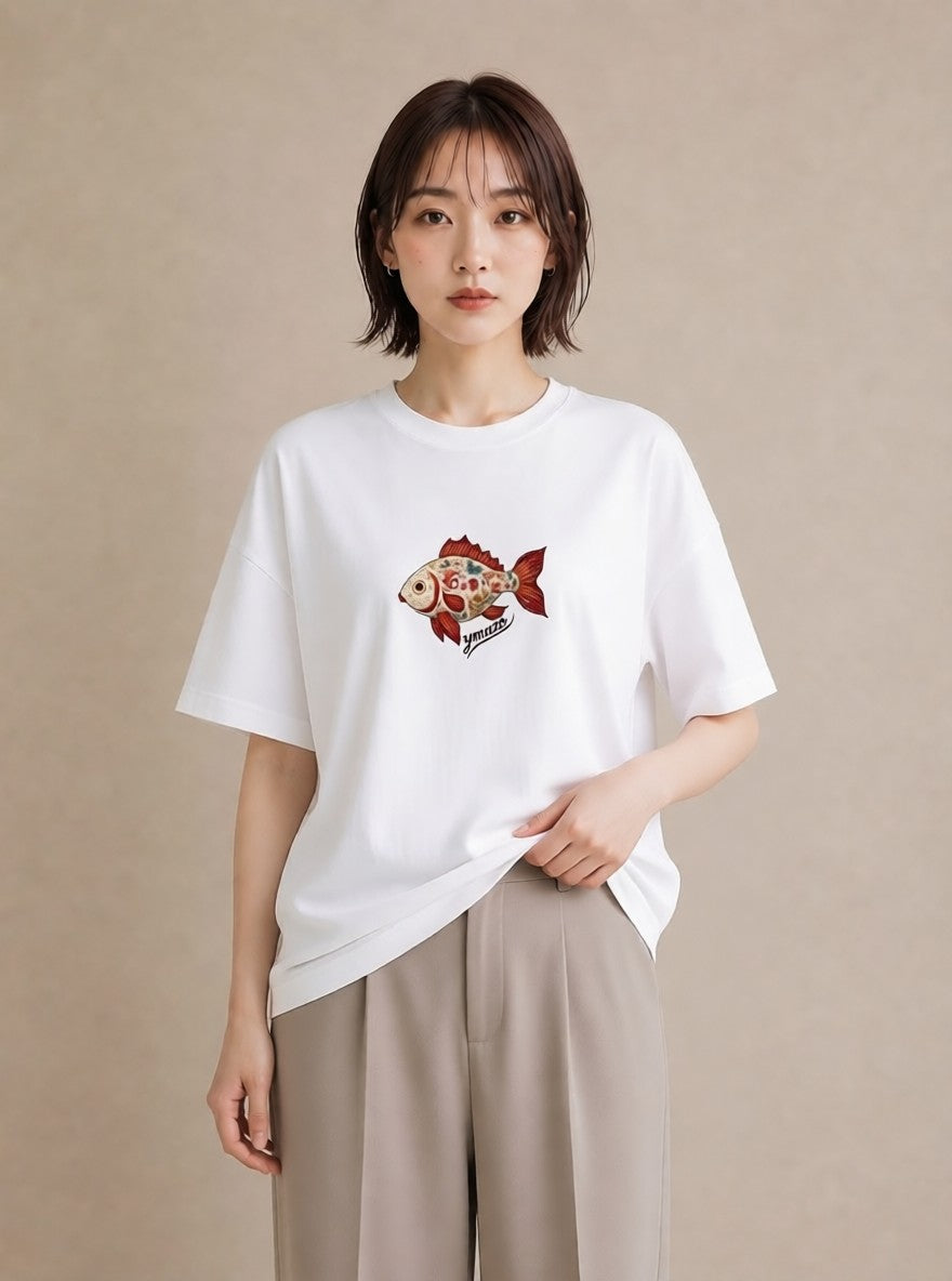 デザインTシャツ レディース 出目金 ペット 動物 イラスト ボタニカル ビーチ デイリーウェア 白T YMAZO
