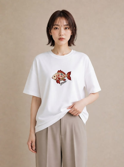 デザインTシャツ レディース 出目金 ペット 動物 イラスト ボタニカル ビーチ デイリーウェア 白T YMAZO