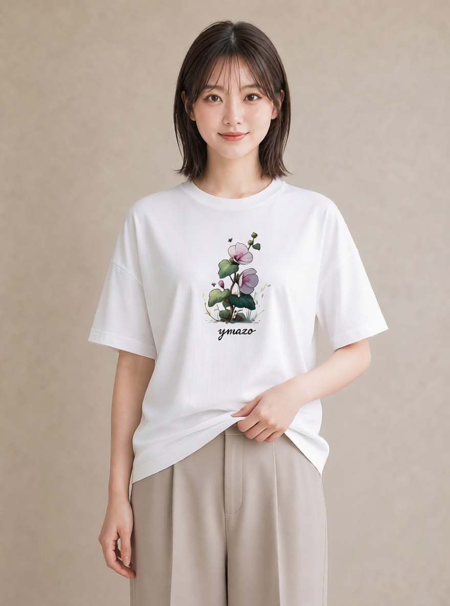 Tシャツ レディース パンジー 花 花柄 イラスト 線画 散歩 お出かけ 白T