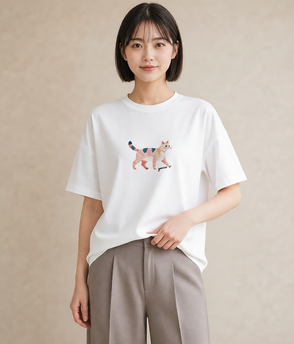 半袖Tシャツ レディース アメリカンショートヘア 猫 ねこ イラスト ヴィンテージ風 送別ギフト 通勤 白T YMAZO