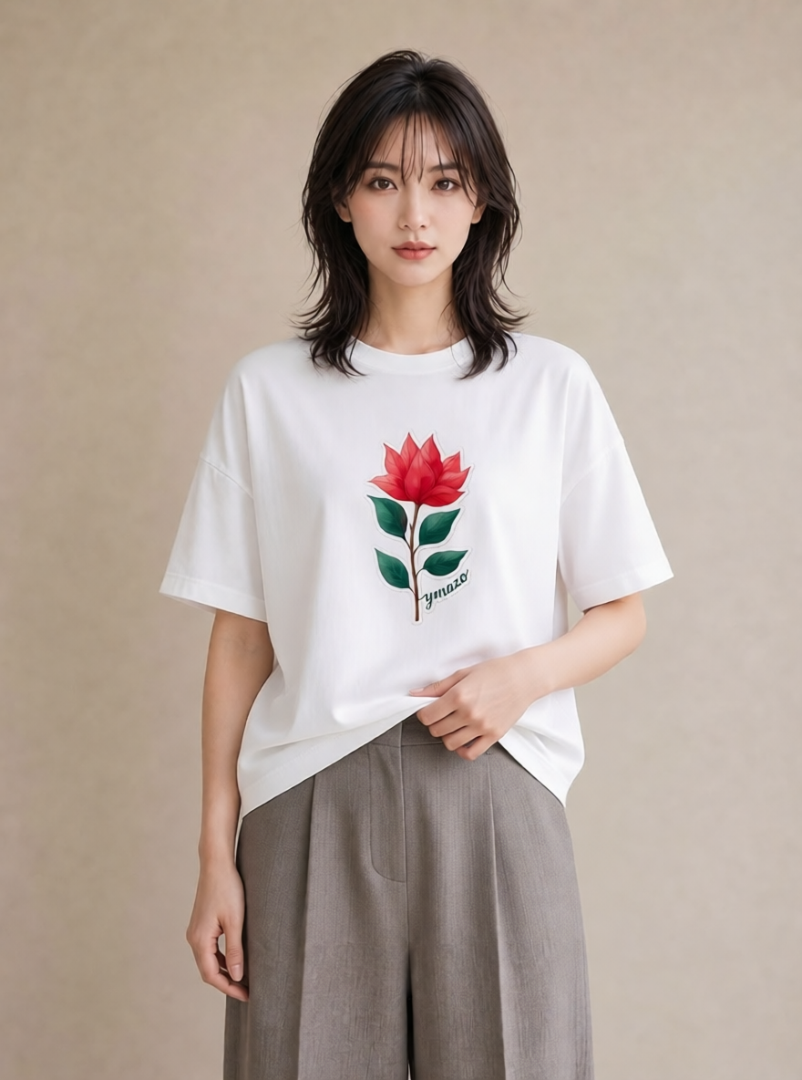 半袖Tシャツ レディース 椿 花 花柄 イラスト きれいめカジュアル おしゃれギフト 社会人 白T