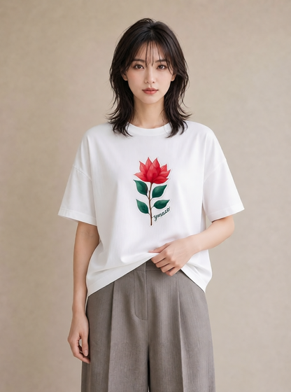 半袖Tシャツ レディース 椿 花 花柄 イラスト きれいめカジュアル おしゃれギフト 社会人 白T