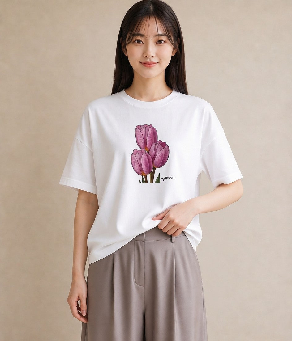 グラフィックTシャツ レディース チューリップ 花 花柄 イラスト シック 友達ギフト 部屋着 白T YMAZO