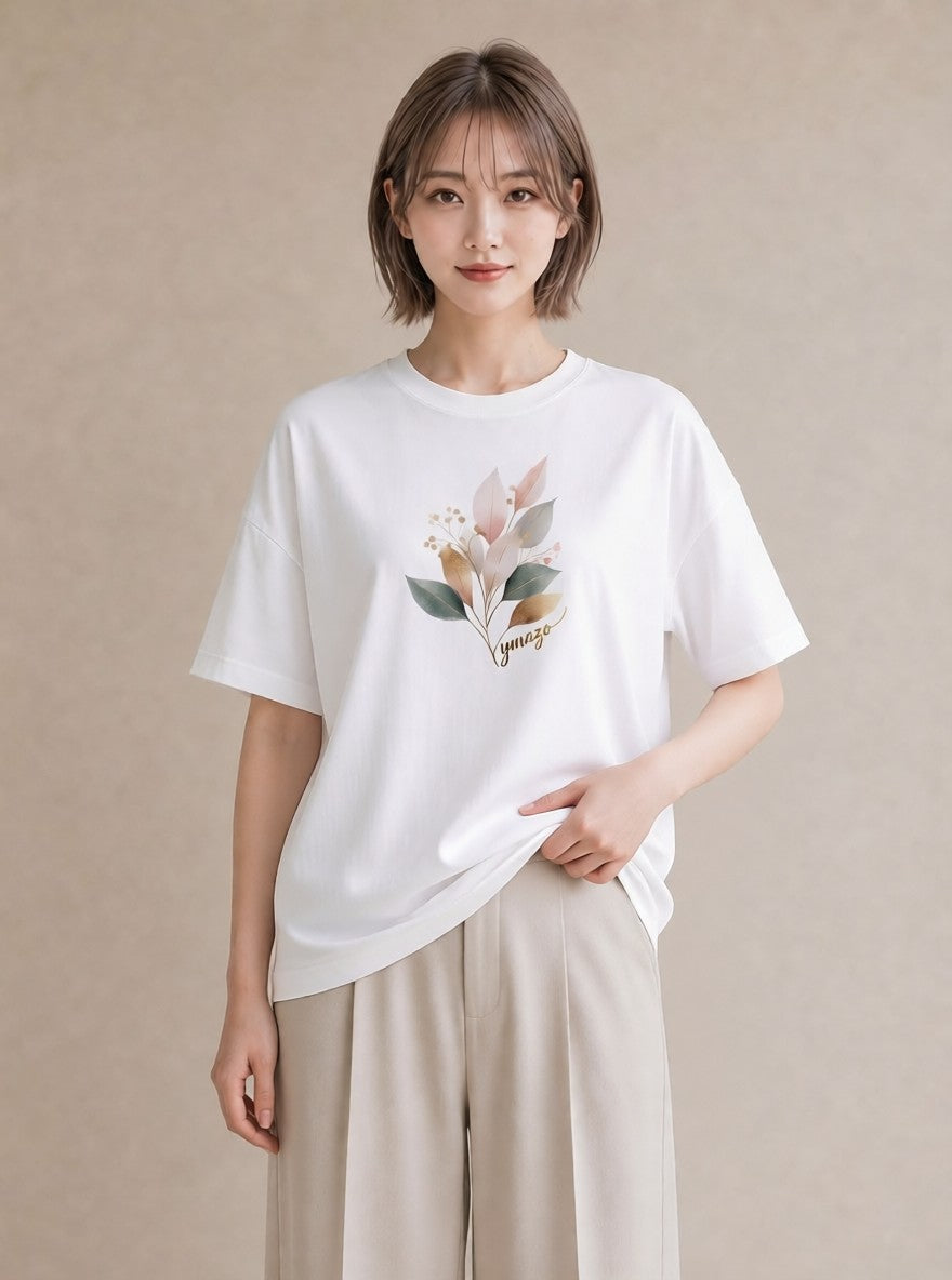 デザインTシャツ レディース 落ち葉 植物 ボタニカル イラスト フェミニン カフェ巡り 女子会 白T YMAZO