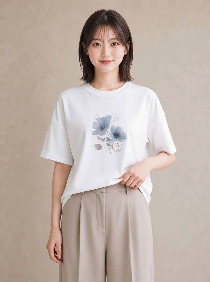 プリントTシャツ レディース あさがお 朝顔 花 花柄 イラスト 抜け感 通学 誕生日プレゼント 白T YMAZO