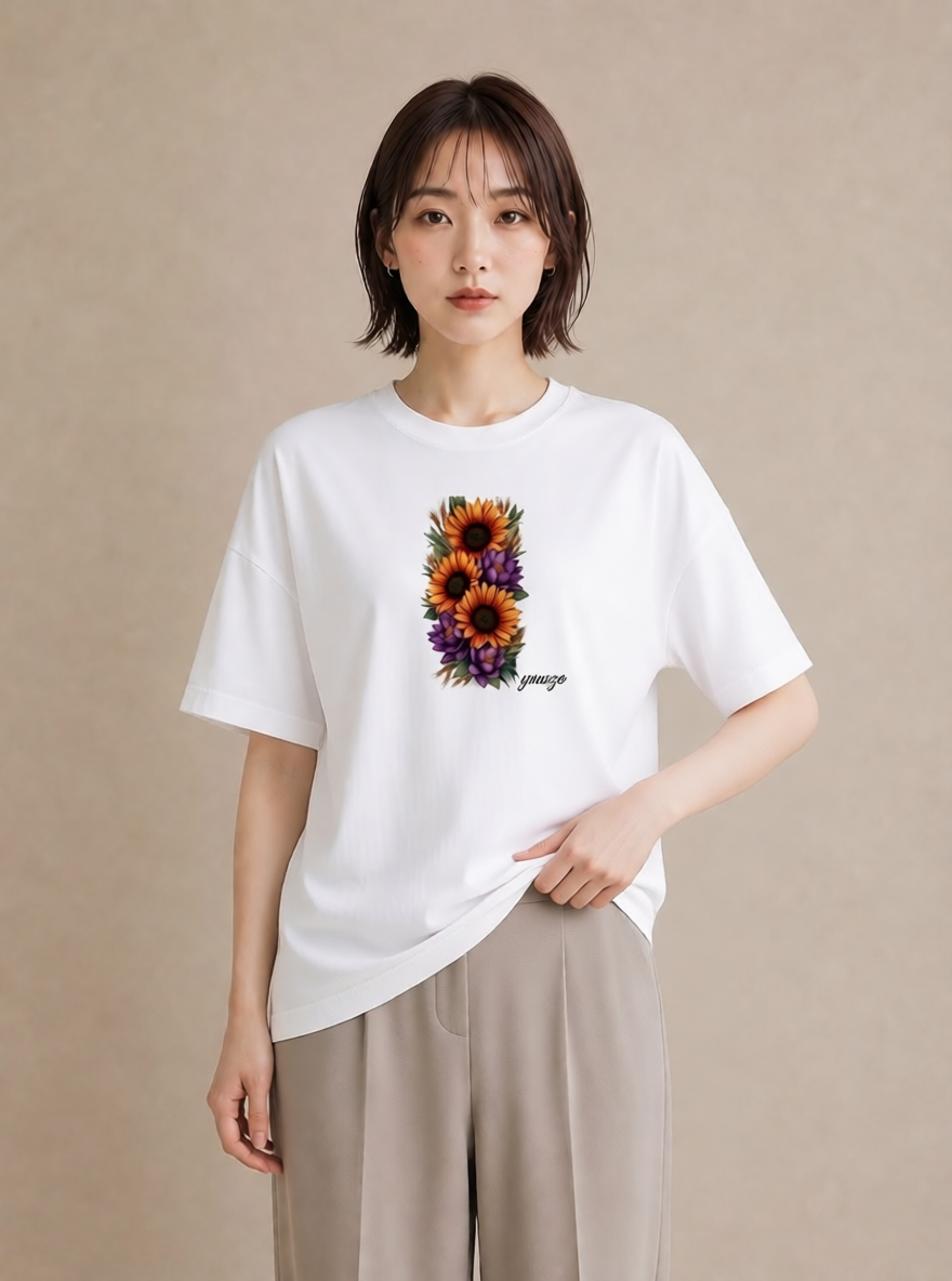 プリントTシャツ レディース ひまわり 向日葵 花 花柄 イラスト アート風 ルームウェア ギフト 白T YMAZO