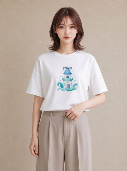 半袖Tシャツ レディース 海 星空 宇宙 イラスト 線画 通勤 在宅 白T YMAZO