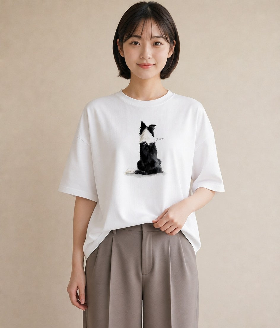 グラフィックTシャツ レディース ボーダーコリー 犬 いぬ イラスト ラフカジュアル お出かけ 普段着 白T YMAZO