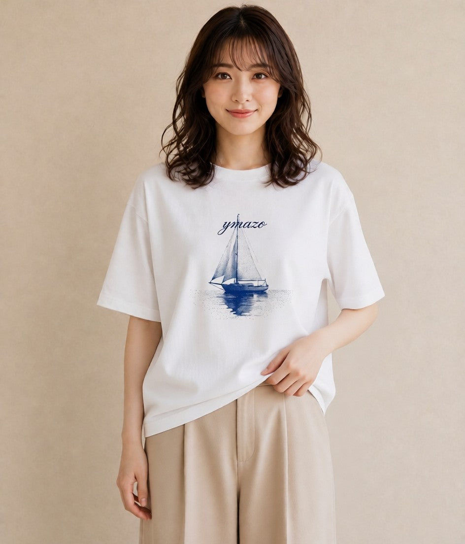 プリントTシャツ レディース 紙の船 水辺 ナチュラル アンティーク イラスト レトロ ギフト 母の日 白T YMAZO