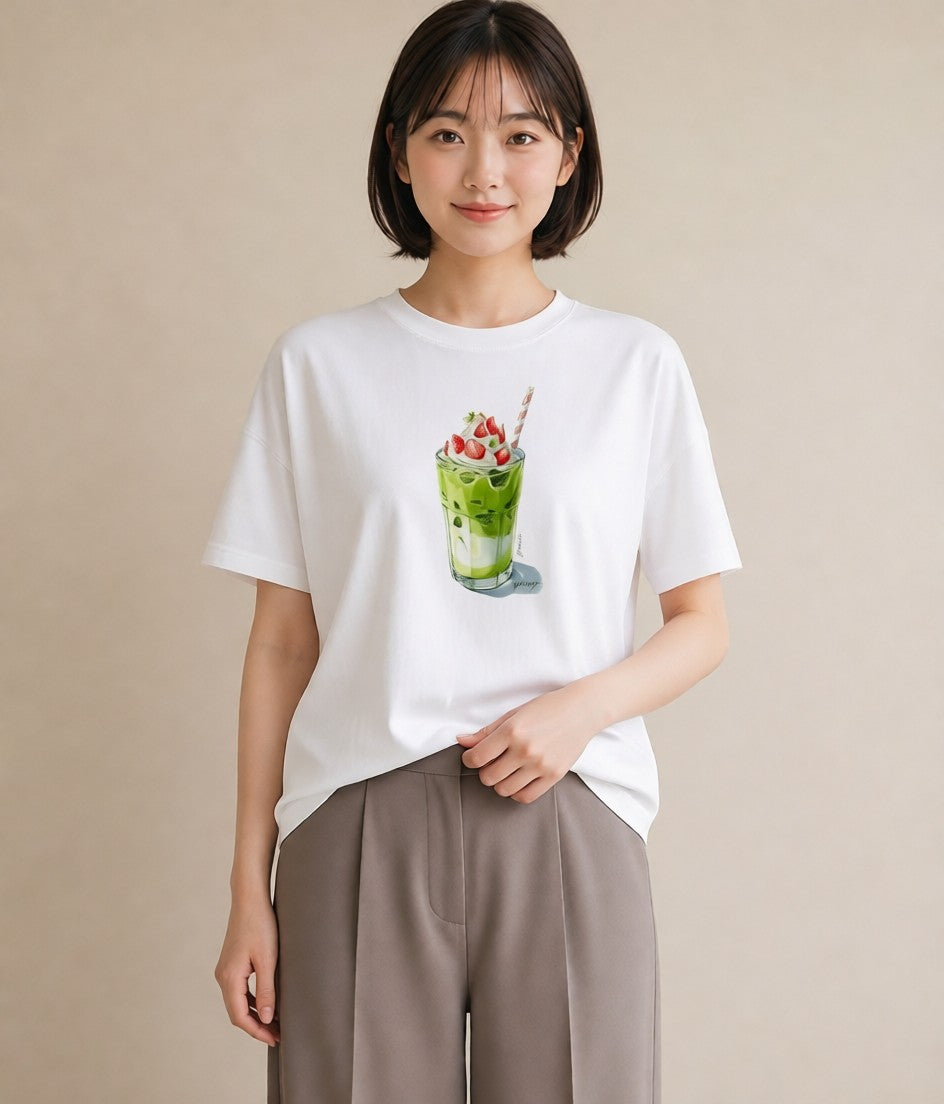 デザインTシャツ レディース 抹茶 食べ物 フード イラスト ペアコーデ 秋コーデ 白T YMAZO